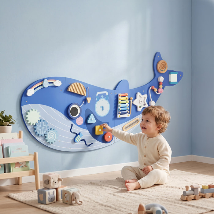 Tablero Sensorial Montessori, Tema Ballena, Busy Board, Panel Sensorial Montessori 13 en 1 de Pared, Juguetes de Aprendizaje para Niños y Niñas +2 Años, Azul