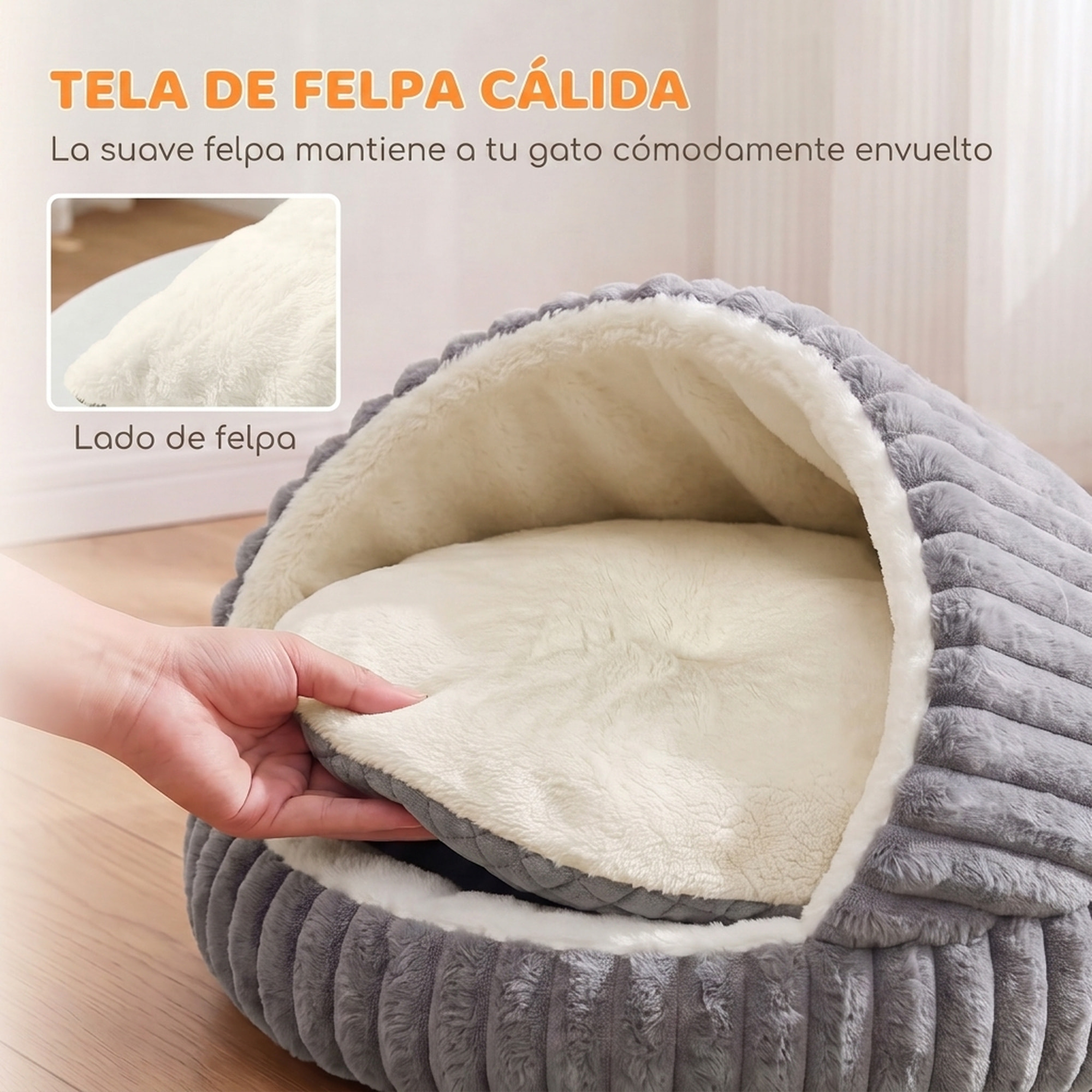 PawHut Cama para Gatos, Cueva para Gatitos Redonda con Base Antideslizante y Cojín Lavable, para Interior, 50x50x32 cm, Gris