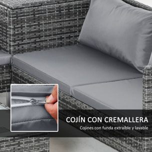 Conjunto de Muebles de Jardín de Ratán 4 Piezas con 2 Sofás Dobles Mesa de Centro Mesa con Arcón Cojines Extraíbles para Terraza Patio Exterior 132x69x64 cm Gris