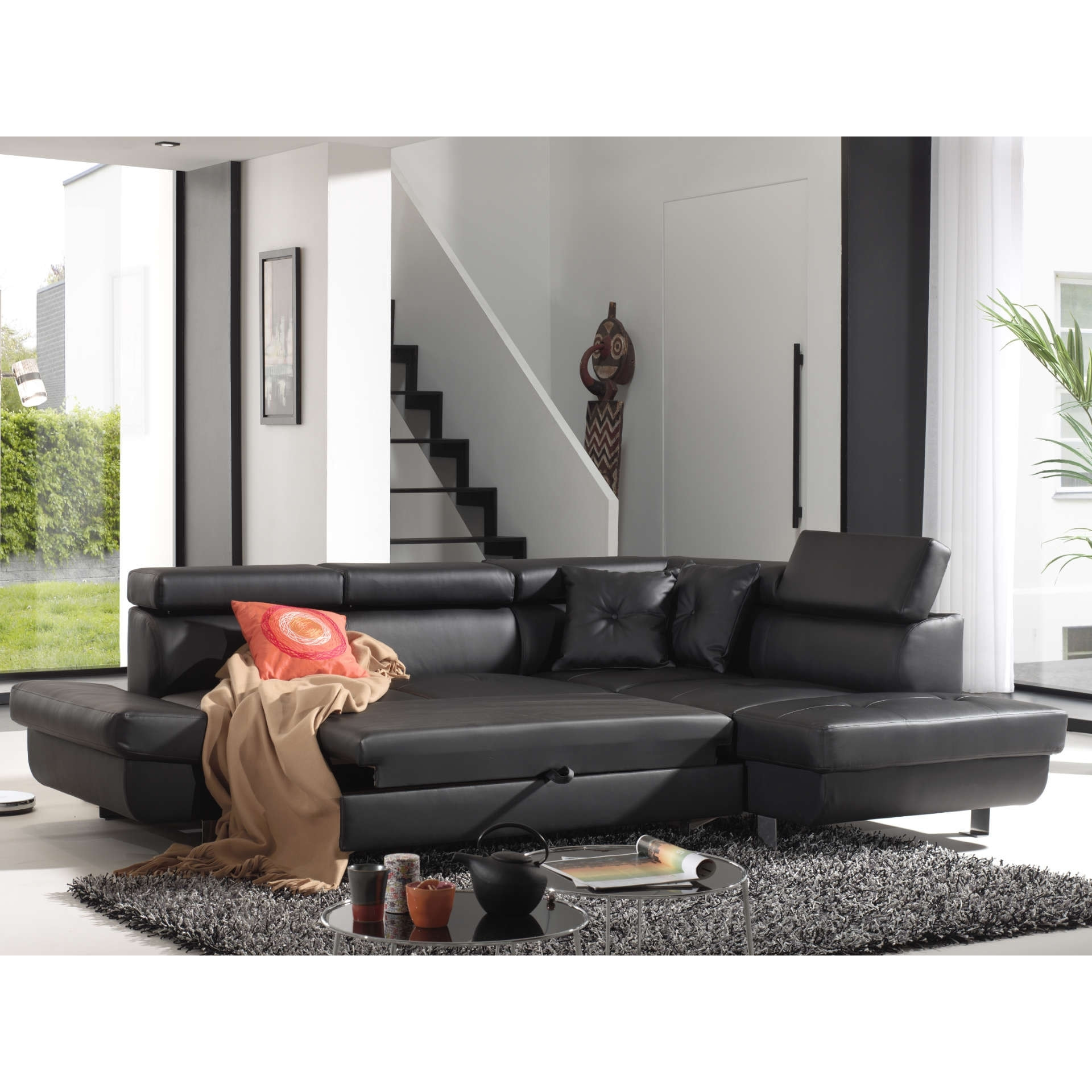 Lisbona - Canapé d'angle convertible - en PU - avec têtières réglables - Droit - Noir