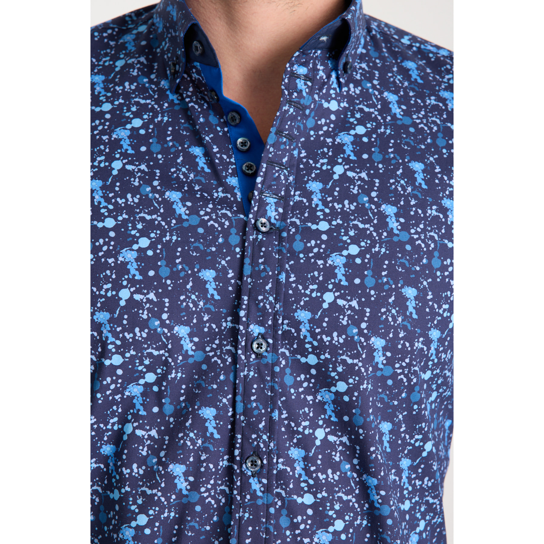 Camicia Uomo 1 Bottoni Button Down Slim Popeline Stretch Stampato Blu/Blu Avion