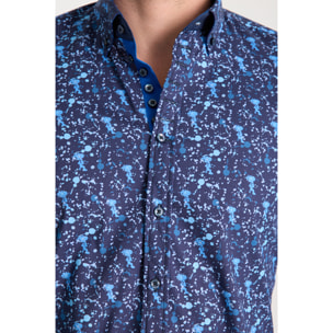 Camicia Uomo 1 Bottoni Button Down Slim Popeline Stretch Stampato Blu/Blu Avion