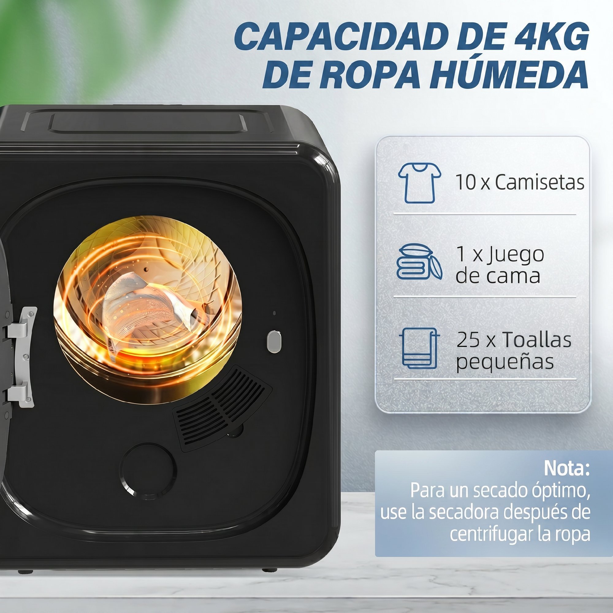 Secadora de Evacuación 4 kg, Secadora de Ropa 800W, Función Antiarrugas, Función Esterilizar, 5 Programas, Carga Frontal, Fácil de Planchar, Tambor Inox, Montable en Pared o Suelo, Negro