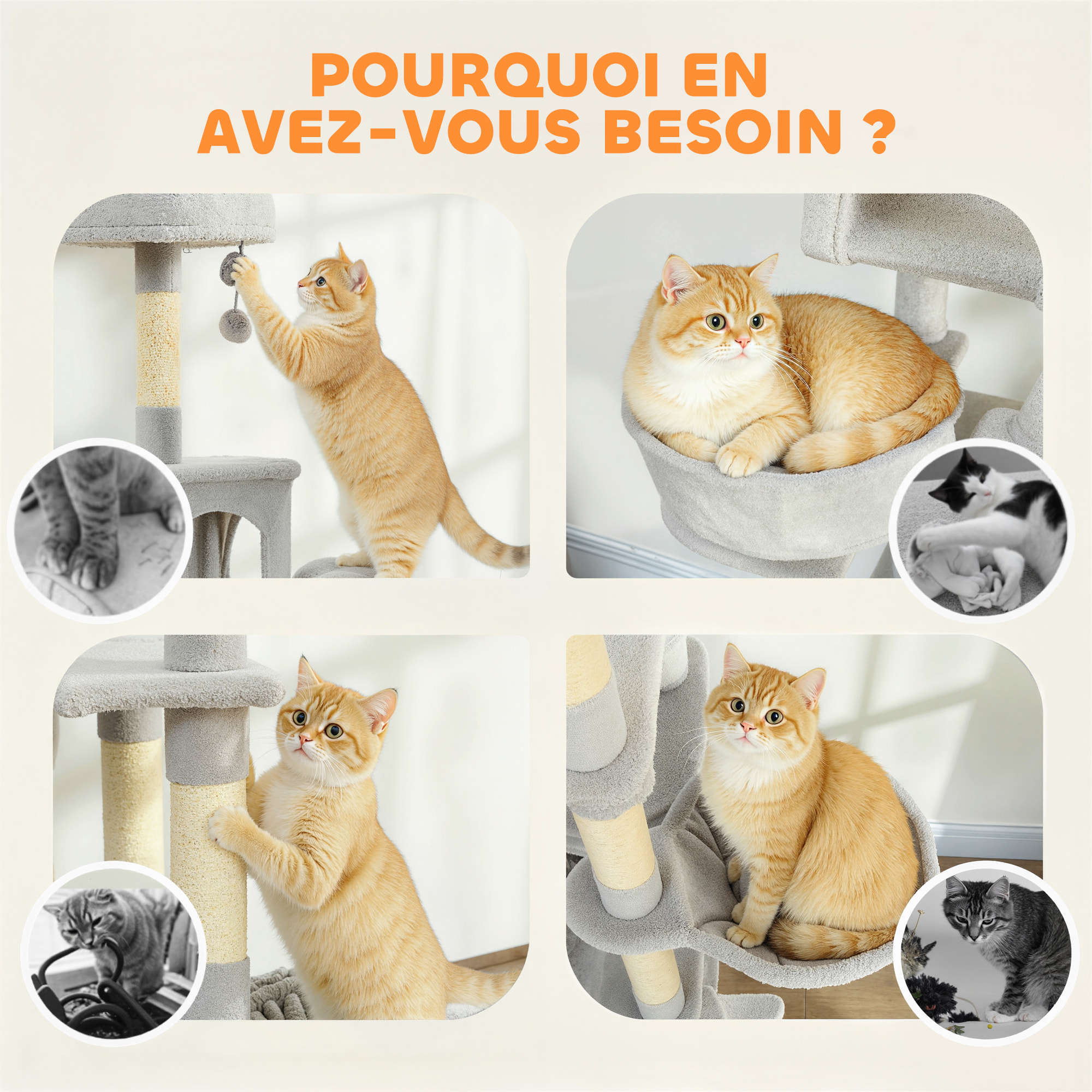 Arbre à chat design XXL gris clair multi-activités - zones de repos, griffoirs, grattoir - H.192 cm