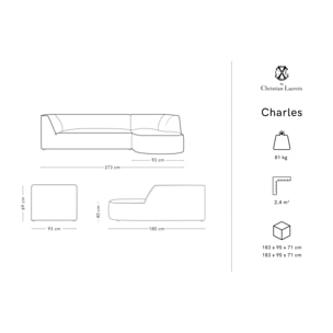 Canapé d'angle droit "Charles" 4 places en velours menthe