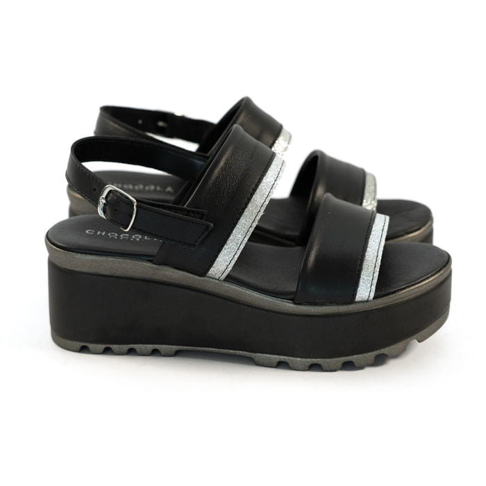 SANDALO DOPPIA FASCIA VERA PELLE SILVER NERO