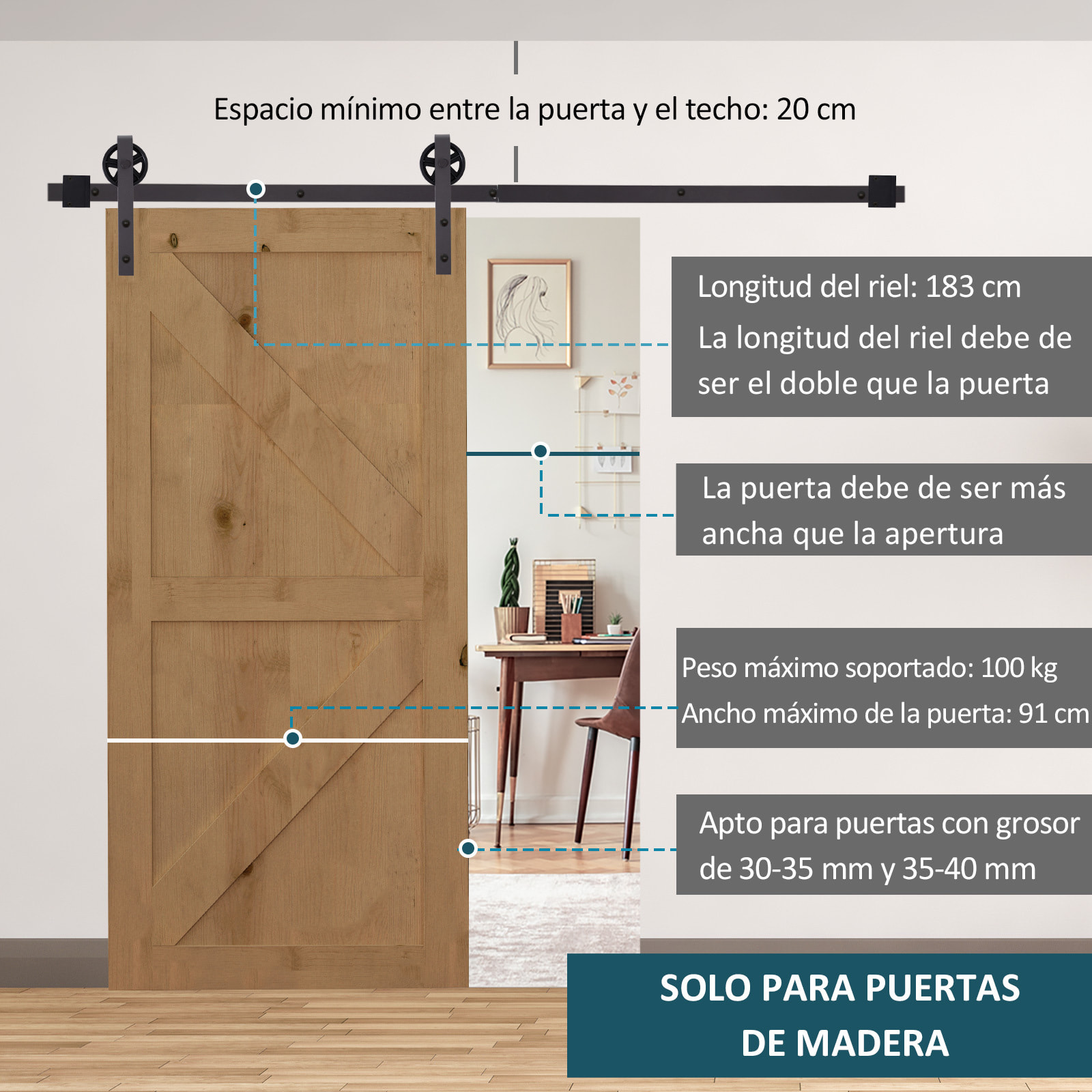 6FT/183cm Herraje para Puerta Corredera Kit de Accesorios para Puerta Corrediza de Madera con Guía de Suelo Riel de Acero al Carbono Café Oscuro