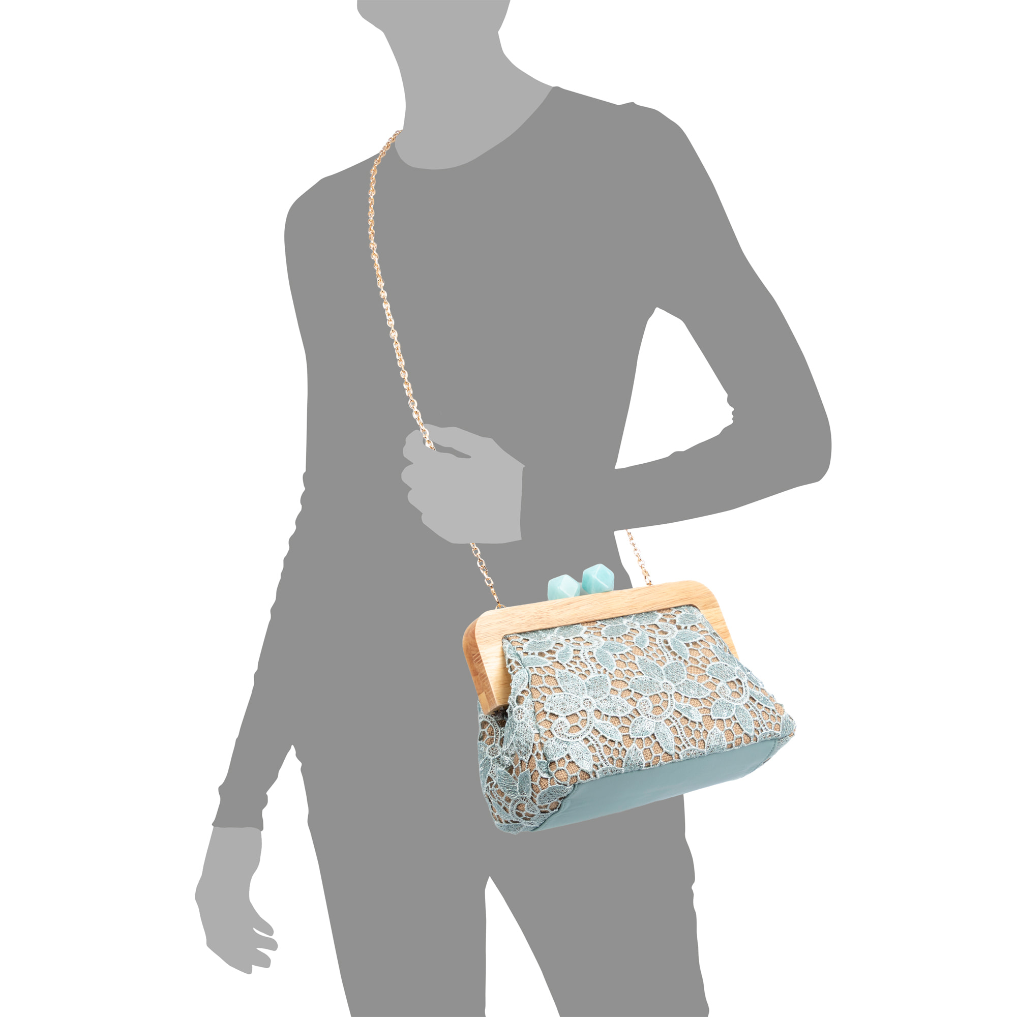 Borbera Borsa a tracolla Donna. Realizzata in legno naturale, cotone e juta con design in rete di tessuto floreale.