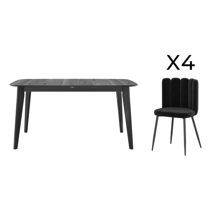 Table et chaise 4 personnes Oman en velours et bois noir