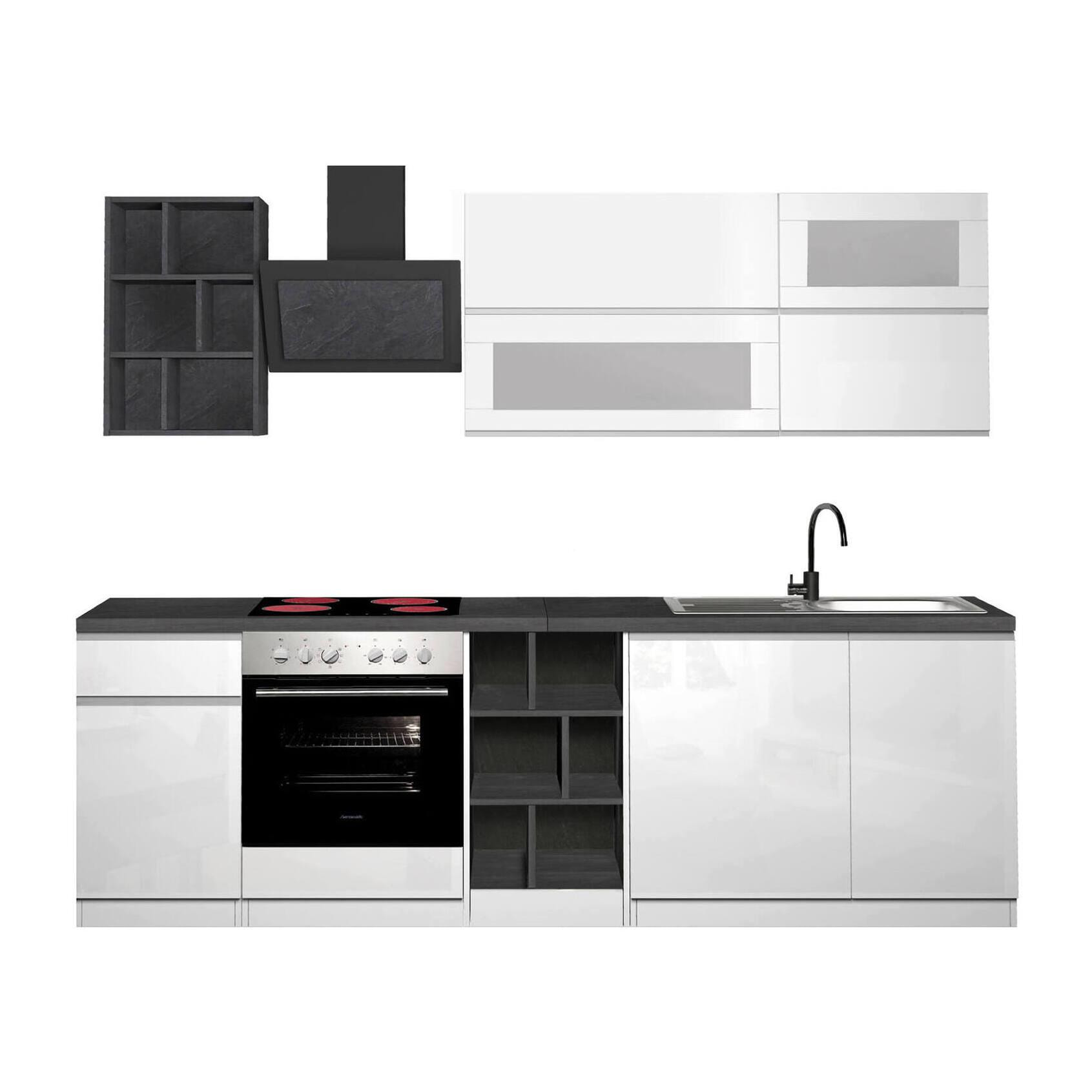 Cucina completa Dcastill, Cucina pratica e salvaspazio, Parete da cucina con 5 ante e 1 cassetto, 100% Made in Italy, 255x60h85 cm, Bianco lucido e Ardesia