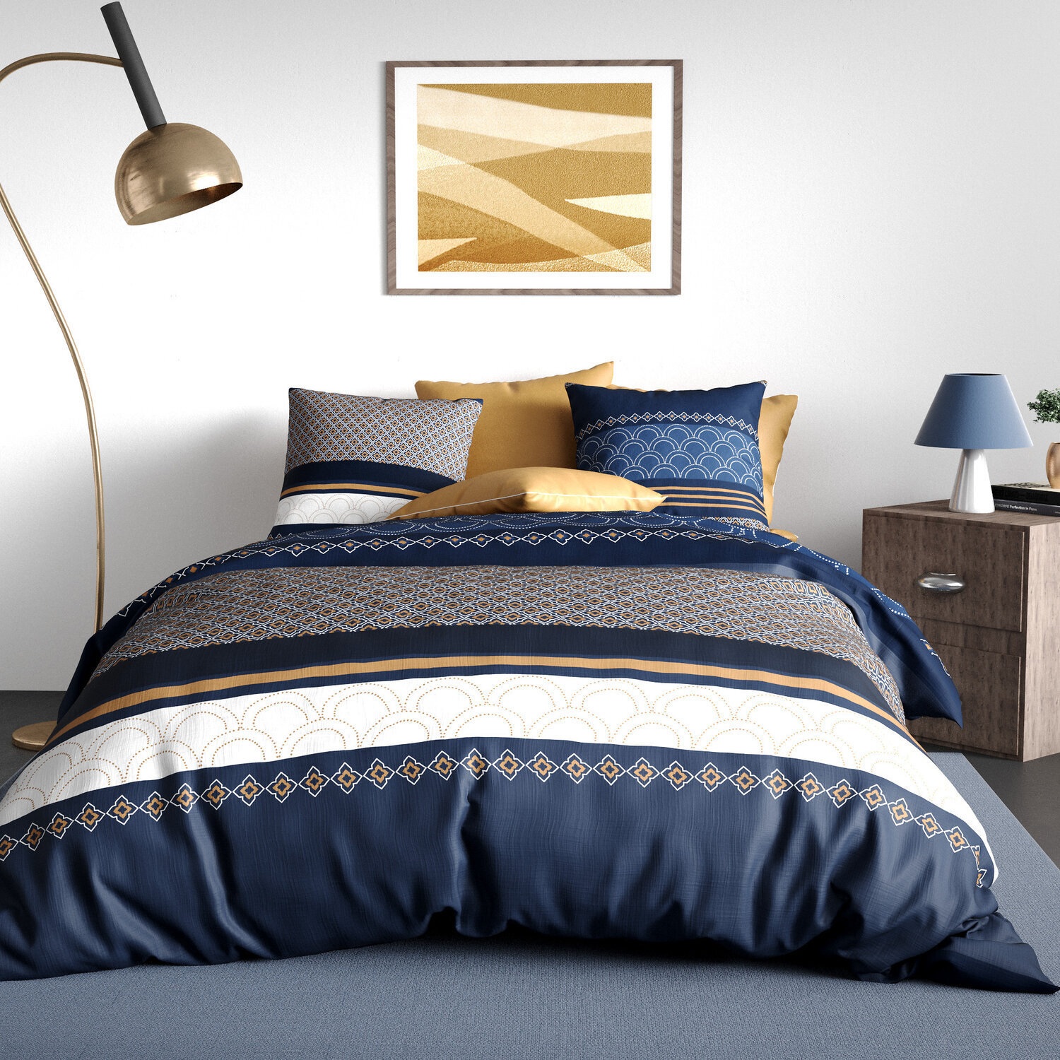 Parure housse de couette imprimé 100% coton - kalypso - bleu