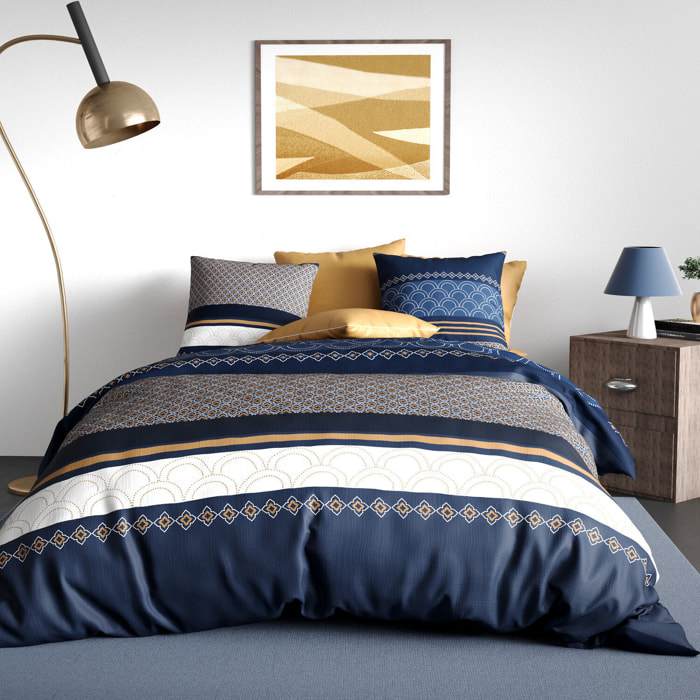 Parure housse de couette imprimé 100% coton - kalypso - bleu