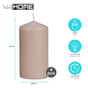 Set de 4 velas de cera en color arena ø5x10cm y 25h de combustión