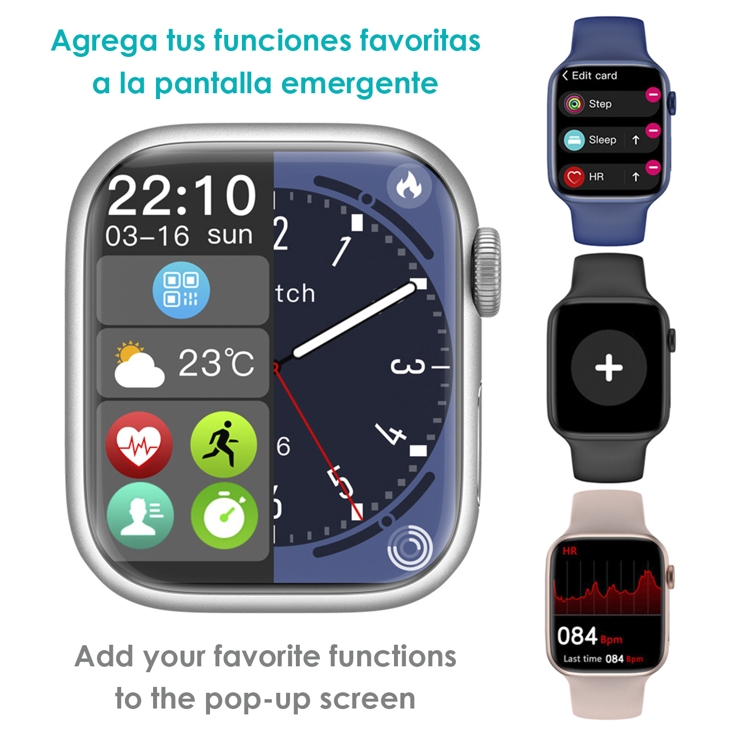 Smartwatch W29 Max con pantalla de 2.1 y modo always on. Monitor cardiaco 24h, O2 en sangre, notificaciones de Apps.