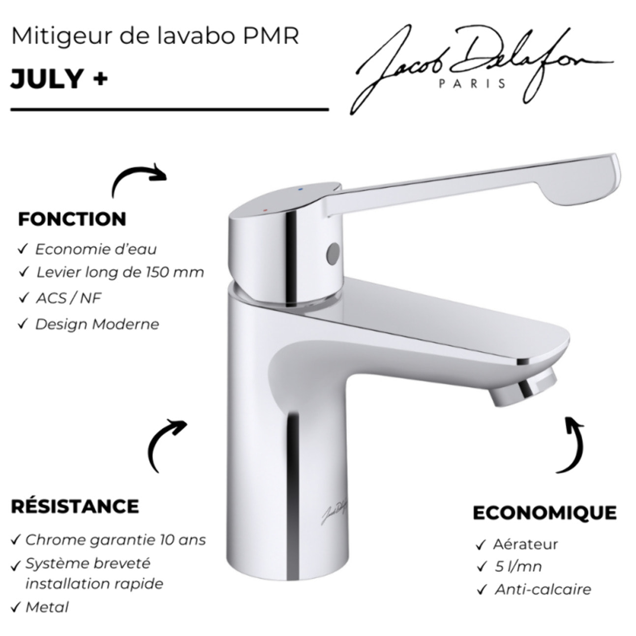 Mitigeur lavabo PMR July+ sans vidage Chromé