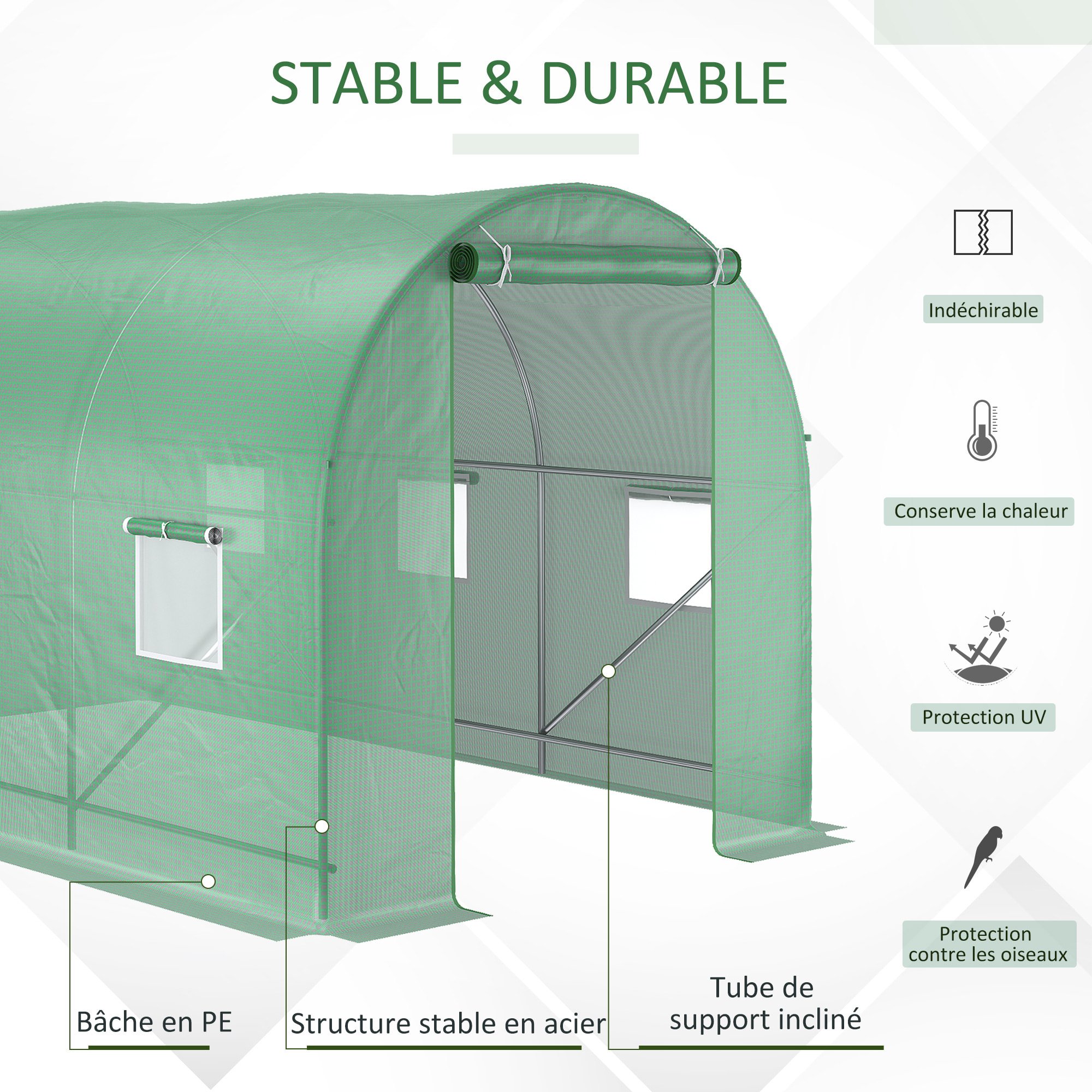 Serre de jardin tunnel 7m² 3,5L x 2l x 2H m châssis tubulaire acier galvanisé renforcé 6 fenêtres 1 portes vert