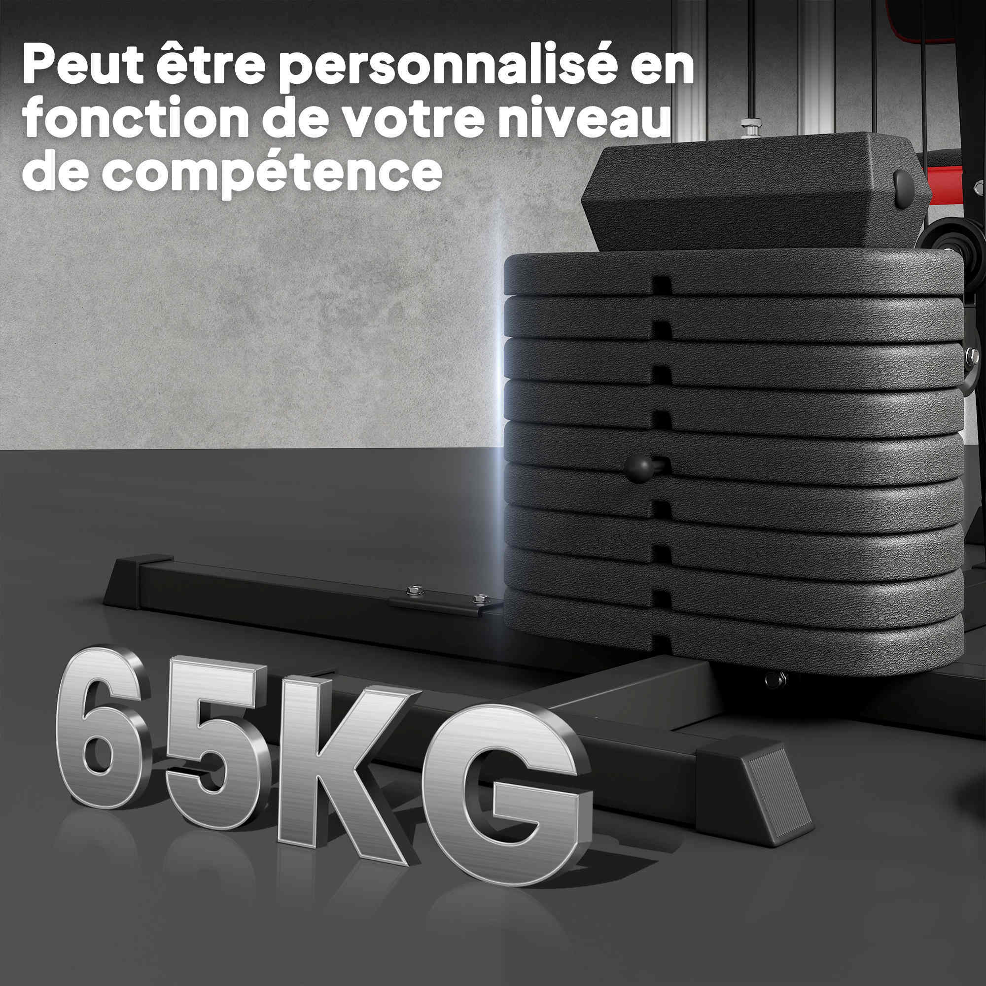 Station de musculation - banc, développé couché, butterfly, barre latissimus et traction, curler, bande résistance, 10 contrepoids - acier noir rouge