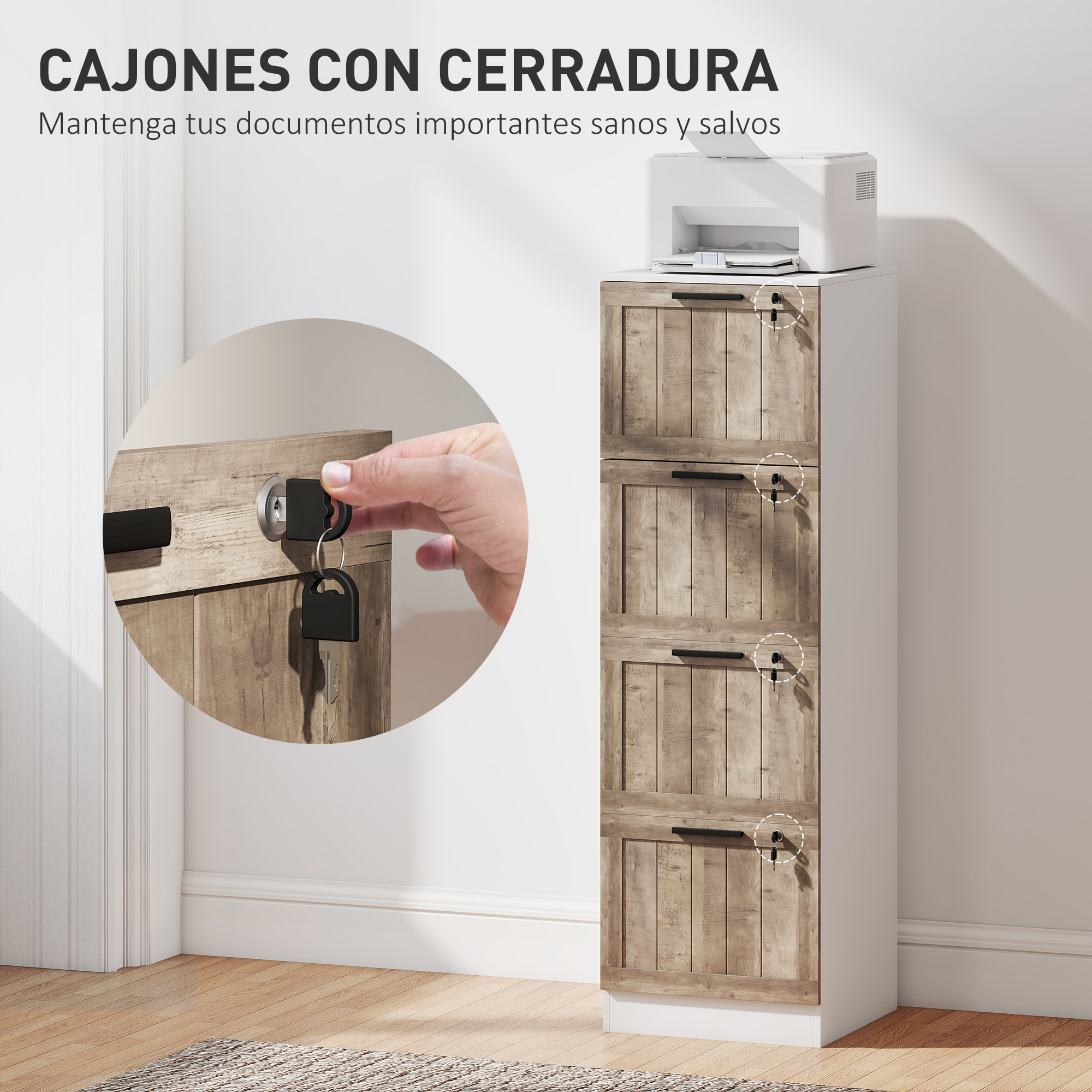 Cajonera de Oficina con 4 Cajones Cajonera de Escritorio con Cerradura 2 Llaves Barras Colgantes para A4 Carta Archivador Móvil para Estudio 39,4x40x129 cm Blanco y Madera