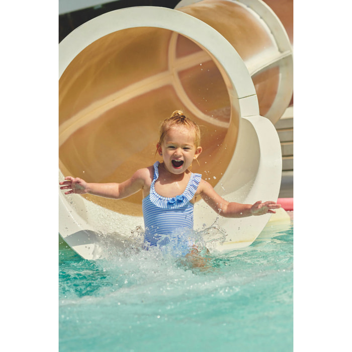 Costume da bagno per bambina a righe blu con dettaglio floreale testurizzato