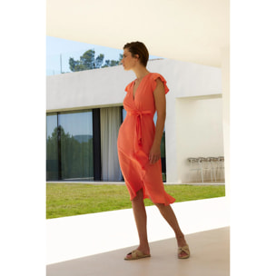 Abito midi a portafoglio color corallo a maniche corte