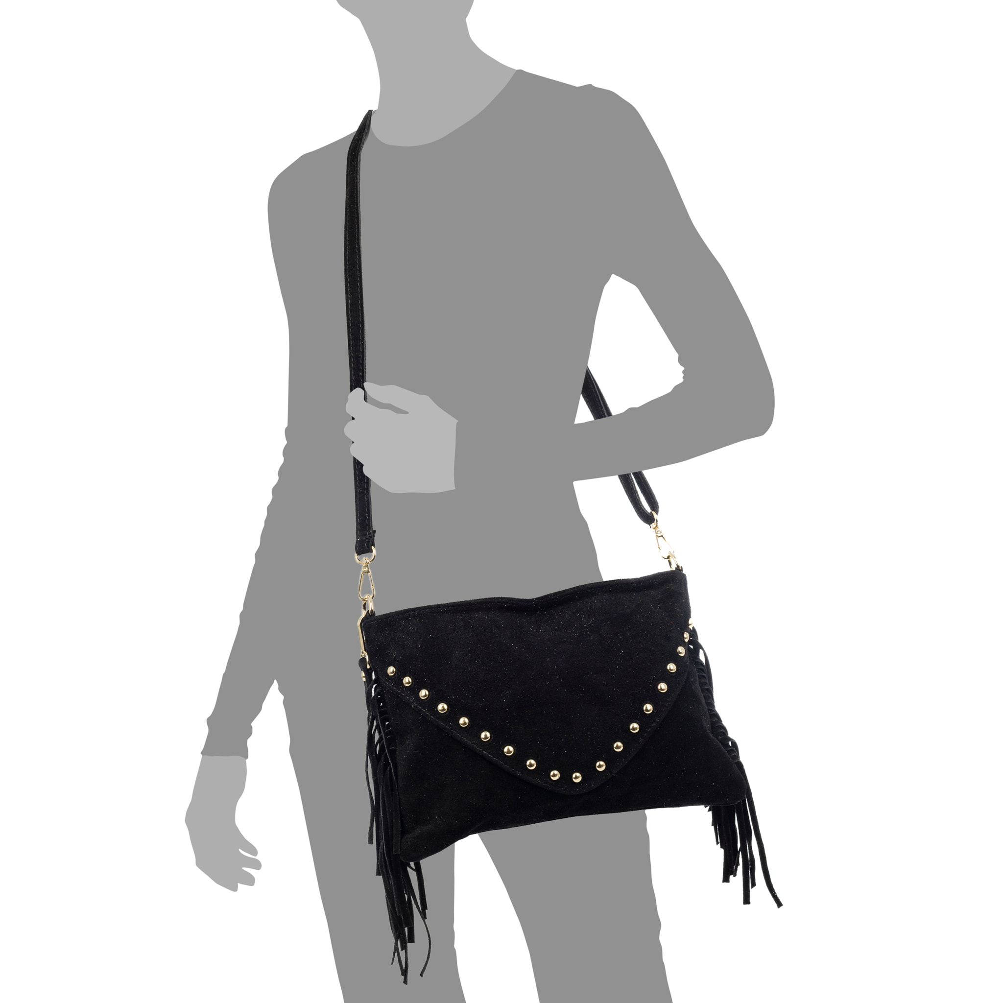Bellegra Bolso de hombro Mujer. Piel auténtica Gamuza con detalles metálicos.
