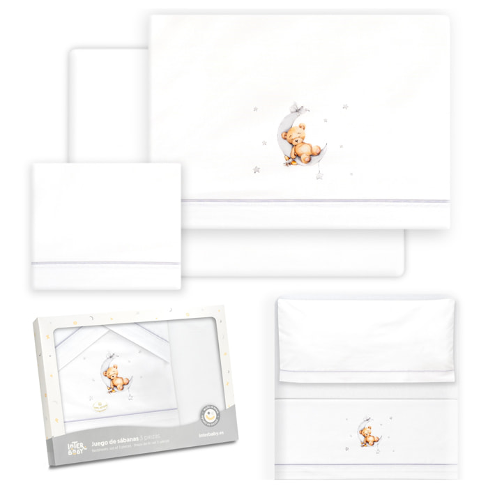 Triptico Minicuna Estampado Oso Luna Estrellas Bco/Gris