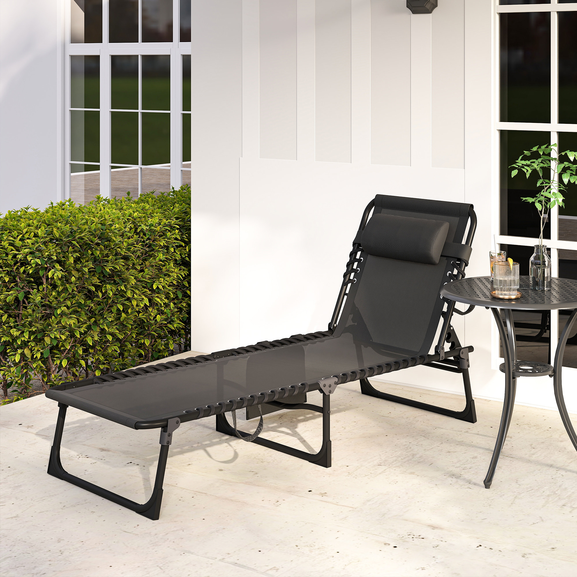 Tumbona Plegable, Tumbona Jardín Exterior Reclinable 5 Posiciones, con Reposacabezas Acolchado, Bolsillo Lateral y Estructura de Acero, para Terraza, Piscina, 189x58x30 cm, Negro