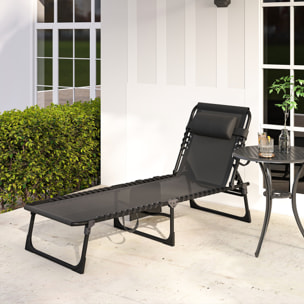Tumbona Plegable, Tumbona Jardín Exterior Reclinable 5 Posiciones, con Reposacabezas Acolchado, Bolsillo Lateral y Estructura de Acero, para Terraza, Piscina, 189x58x30 cm, Negro