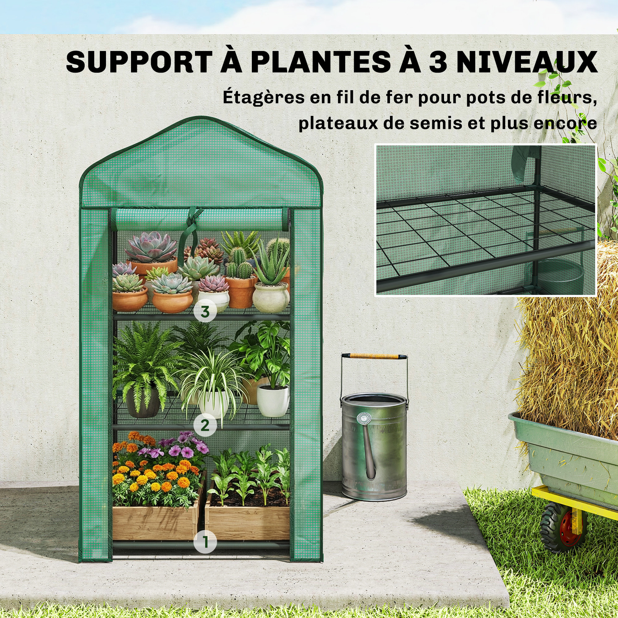 Serre de jardin balcon 3 niveaux métal thermolaqué vert PE vert