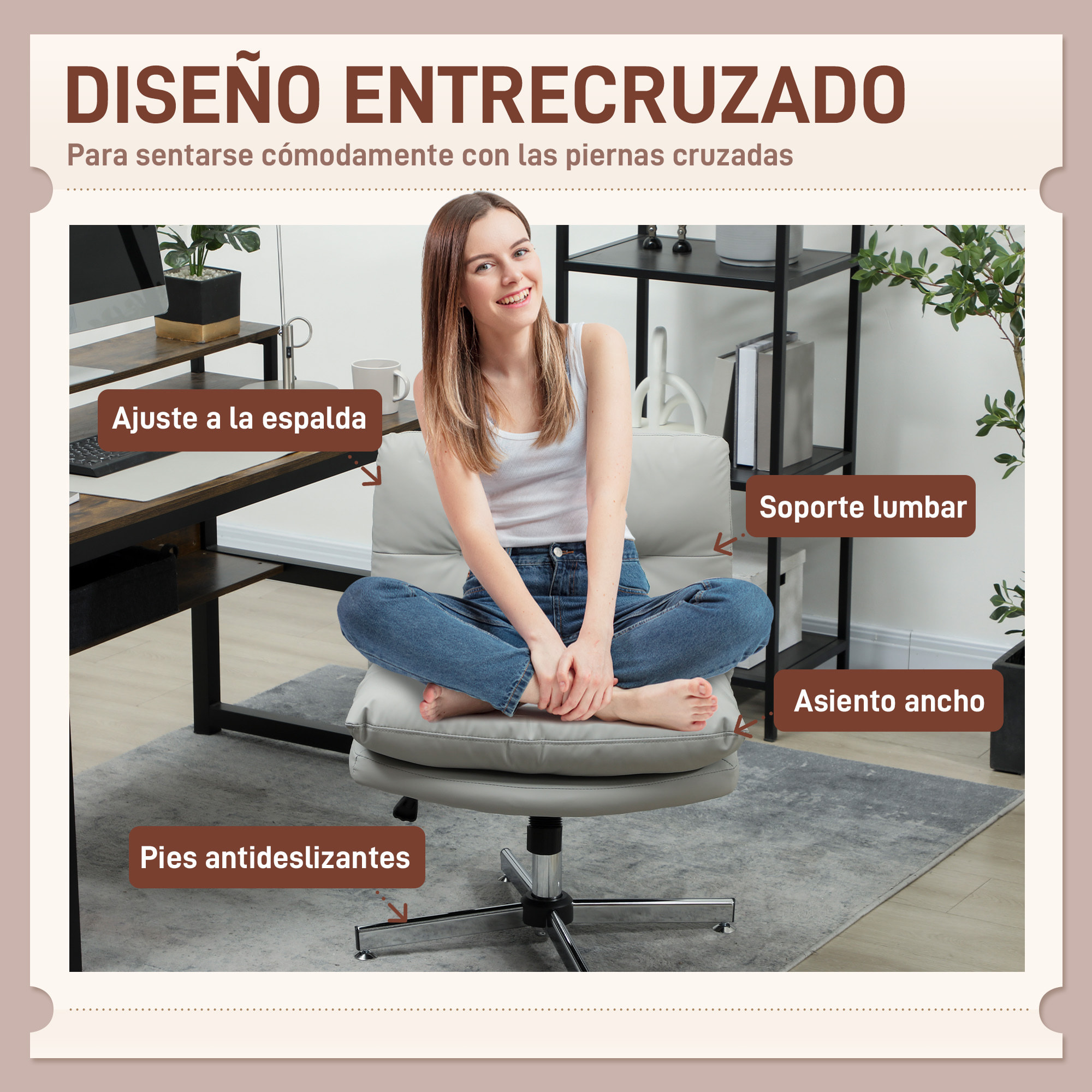 Silla de Escritorio Giratoria Silla de Oficina con Altura Ajustable Función de Basculante Base Cruzada sin Brazos y Asiento Amplio para Estudio Dormitorio Gris