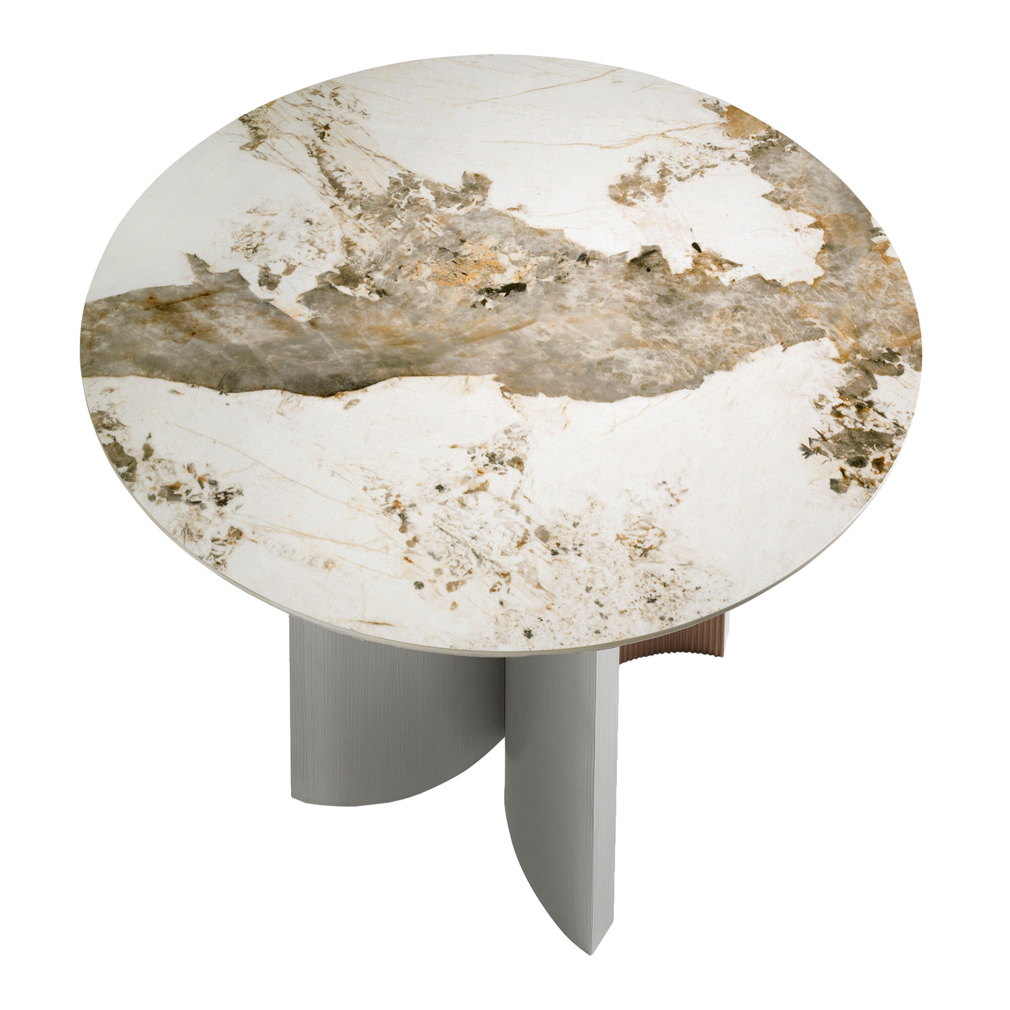 Mesa comedor Angel Cerdá redonda con tapa fija de mármol porcelánico blanco con vetas en tonos tierra en acabado brillo 150x150x75cm