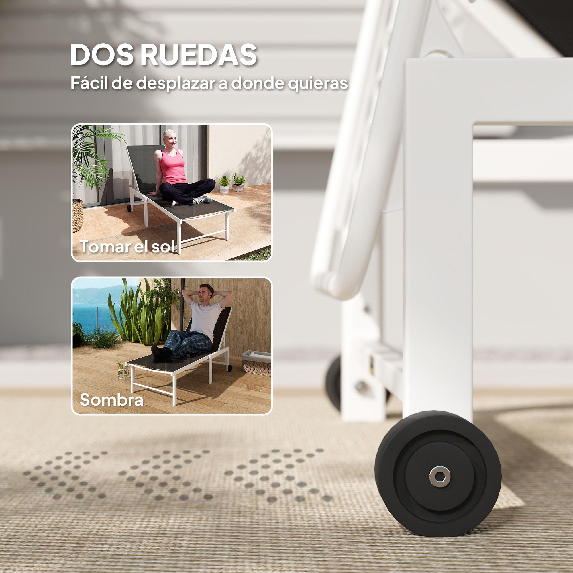 Tumbona Reclinable Tumbona Jardín Exterior con Ruedas Respaldo Ajustable en 5 Niveles y Estructura de Acero Carga 120 kg para Patio Terraza Balcón 166x60x84 cm Gris