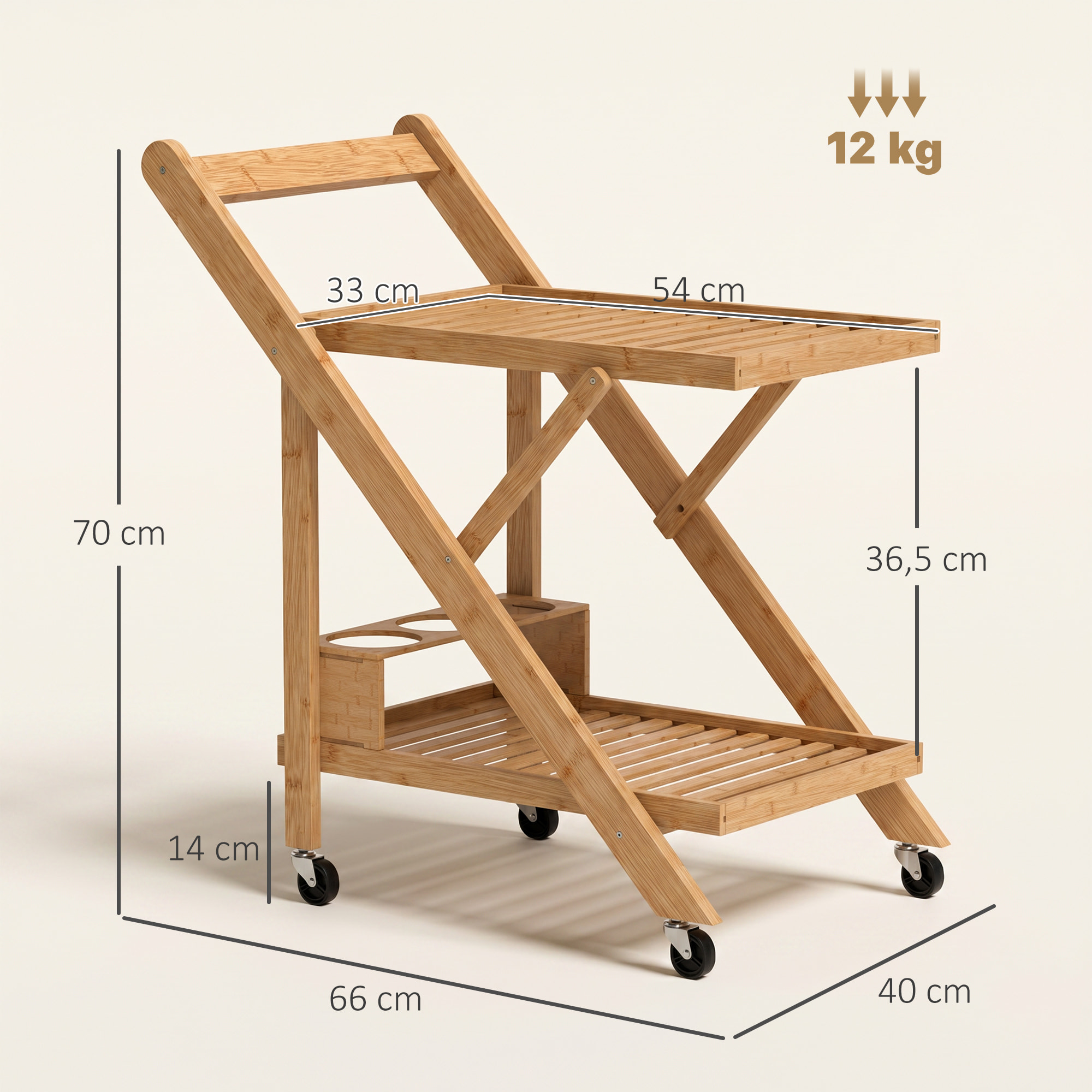 HOMCOM Carrito de Cocina de Bambú con Ruedas, Carro de Cocina Plegable con Soporte para Vino, 2 Estantes, Organizador para Comedor o Salón, 66x40x70 cm, Natural