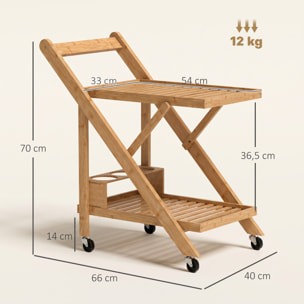 HOMCOM Carrito de Cocina de Bambú con Ruedas, Carro de Cocina Plegable con Soporte para Vino, 2 Estantes, Organizador para Comedor o Salón, 66x40x70 cm, Natural