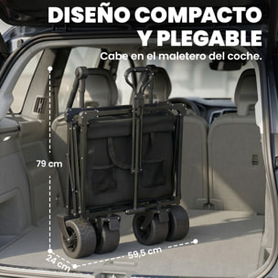 Carro Playa con Ruedas Grandes con Freno, Techo Extraíble, Carro Plegable para Jardín con Barra Ajustable, Portavasos y Bolsillos, Carga 100 kg, para Todo Terreno, Campaña, Compras, Negro