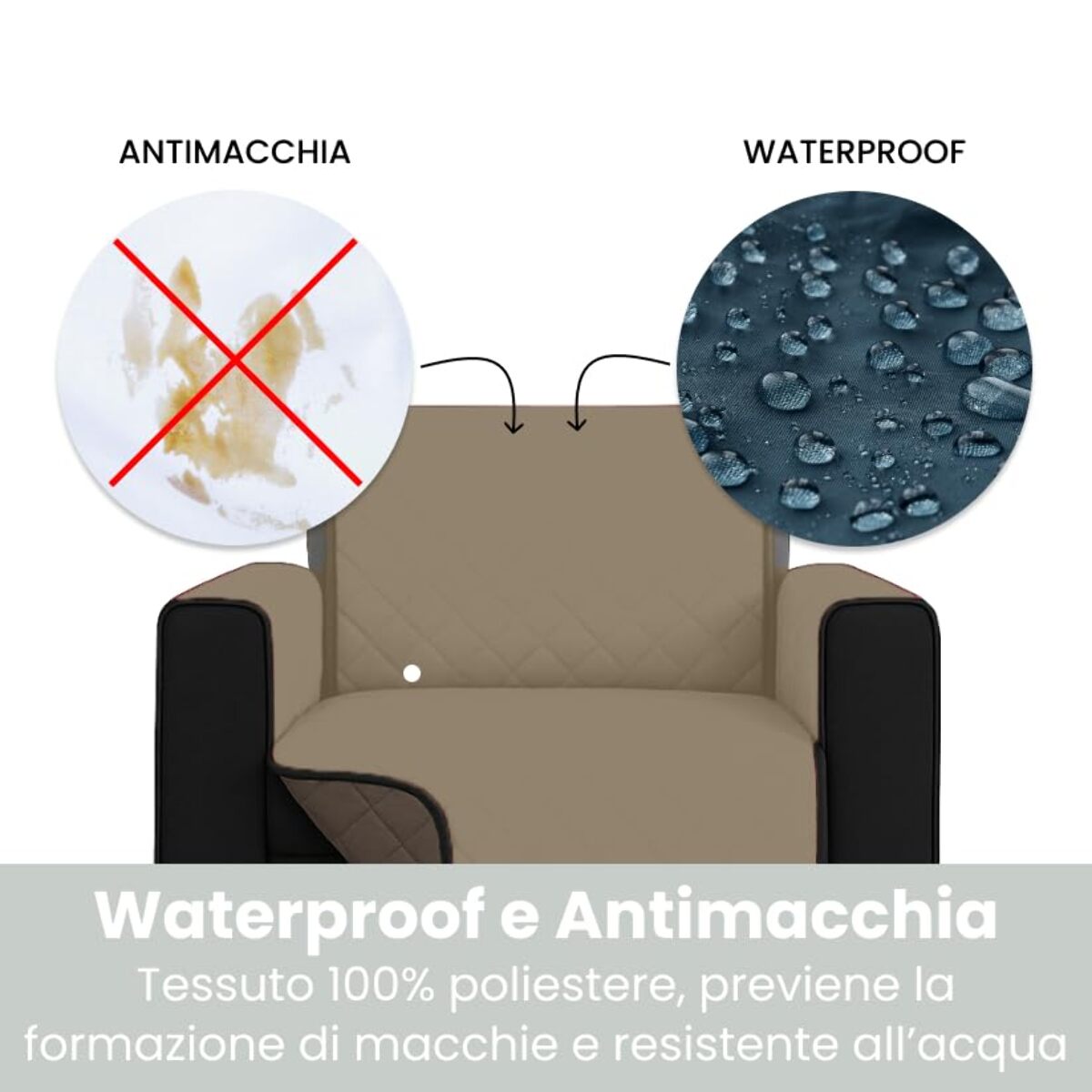 INTRECCI Copripoltrona Panna/Tortora Bicolore Antimacchia Waterproof Facilmente Lavabile con Elastico Misure Multiple Salva Divano Reversibile Certificazione Oeko Tex