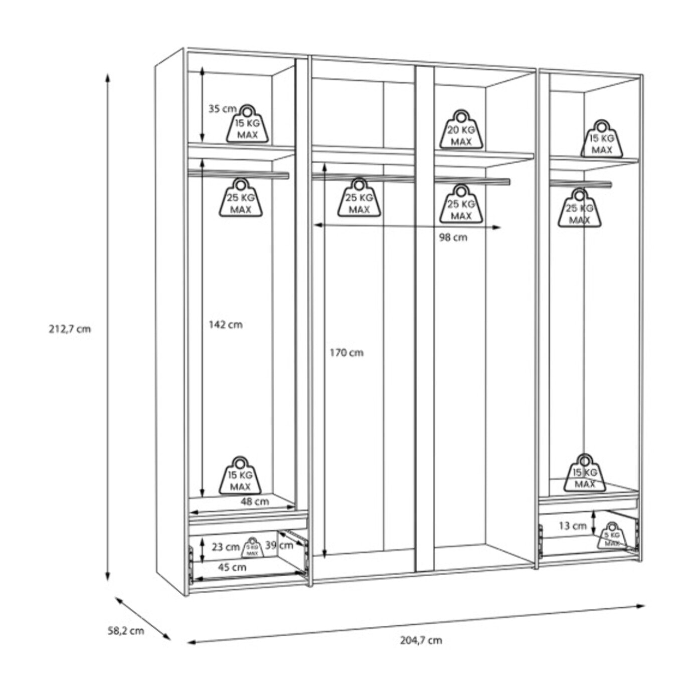 Dressing L. 204 cm en décor bois de chêne et blanc avec LED – LENYBE