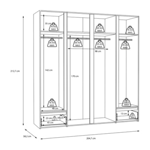 Dressing L. 204 cm en décor bois de chêne et blanc avec LED – LENYBE