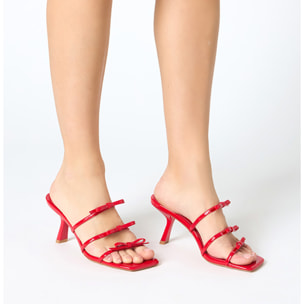 Mules open toe donna rosse in vernice con fiocchi, tacco 7 cm