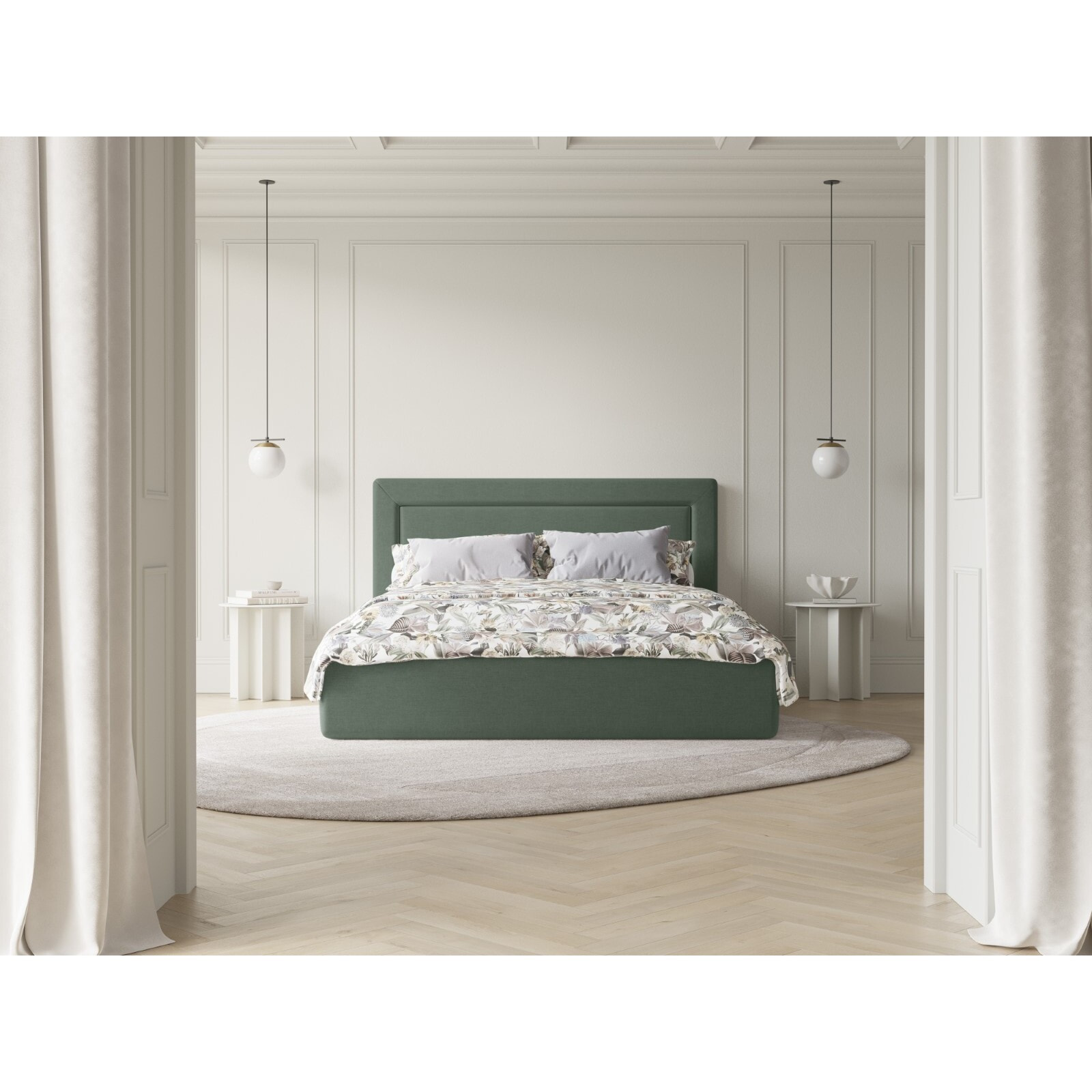 Lit coffre avec tête de lit "Valerie" 200x200cm en tissu chenille vert mousse