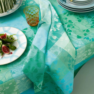 Serviette pur coton motif jacquard bleu vert Mille feuillages turquoise