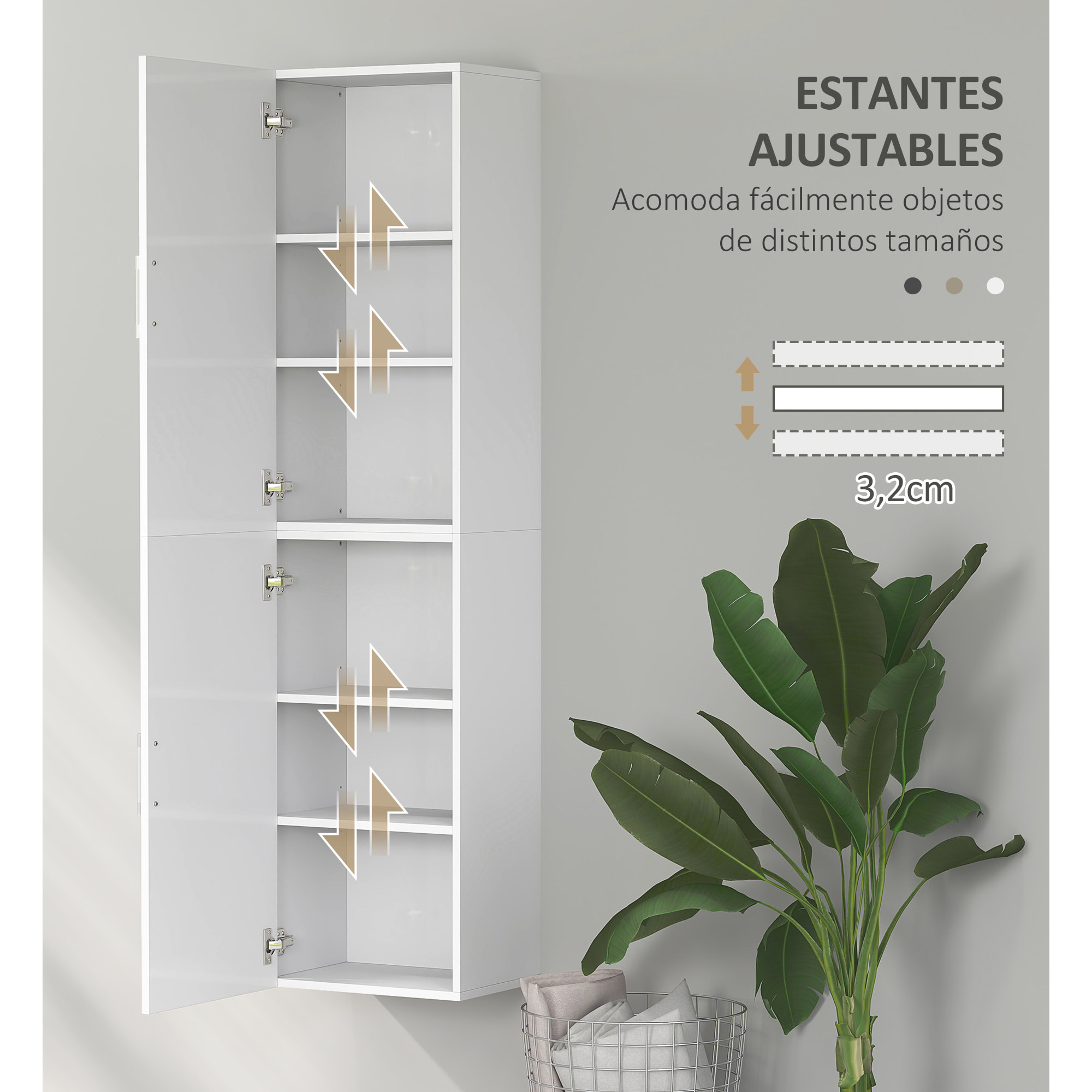 Columna de Baño de Pared Armario de Baño Estrecho con Estantes Ajustables y 2 Puertas Mueble de Baño Moderno para Espacio Pequeño 40x30x160 cm Blanco Brillo