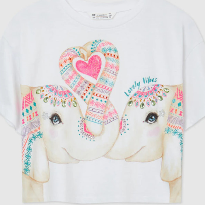 T-shirt stampa elefanti con strass e glitter