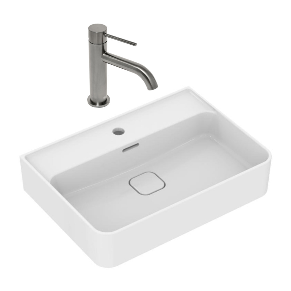 Strada II Lavabo 600x430 mm 1 trou + Swiss Aqua Technologies Aurum mitigeur lavabo sur pied, noir mat (T300001SAT271BGM)