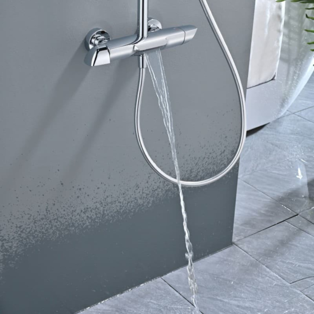 Ensemble bain/douche 3 jets avec mitigeur thermostatique de baignoire + douche de tête + douchette à main, chrome (SATSSTVK)