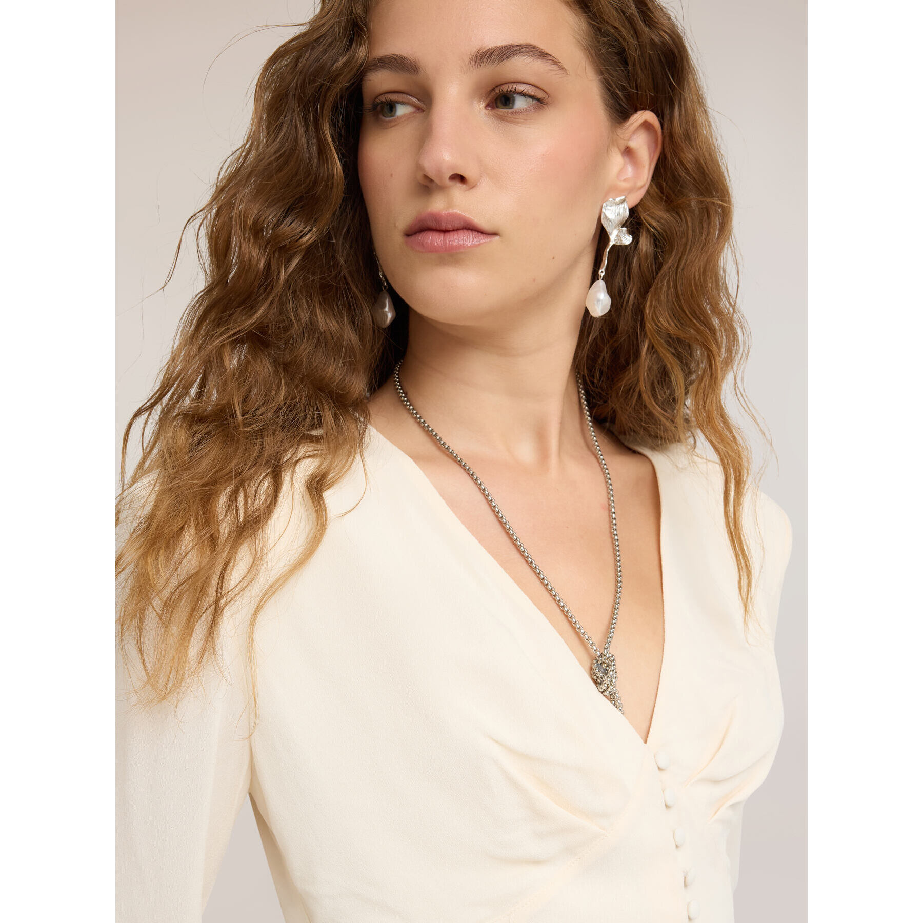 Motivi - Camicia in crêpe de chine con bottoni foderati - Bianco