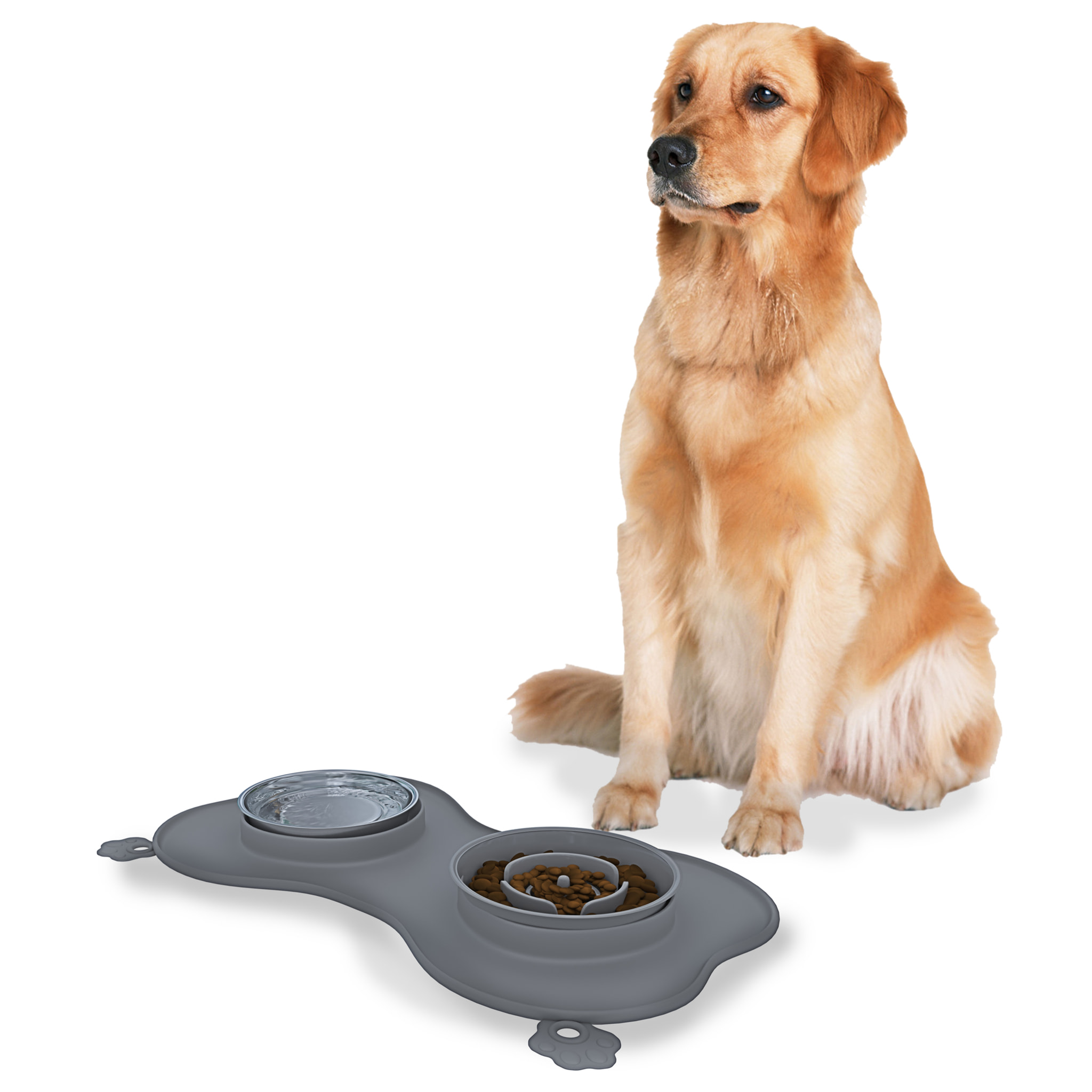 Ciotola Per Cani Gatti 3 In 1 Alimentazione Lenta Acciaio Inox Croccantini Acqua Tappetino in Silicone Antiribaltamento con Ventose 52 x 35 Cm Grigio