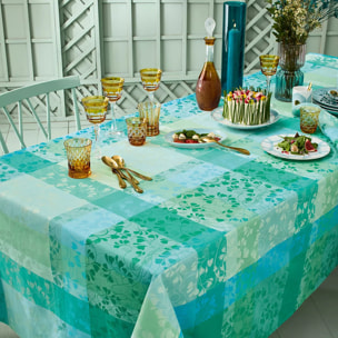 Nappe pur coton enduit motif jacquard bleu vert Mille feuillages turquoise