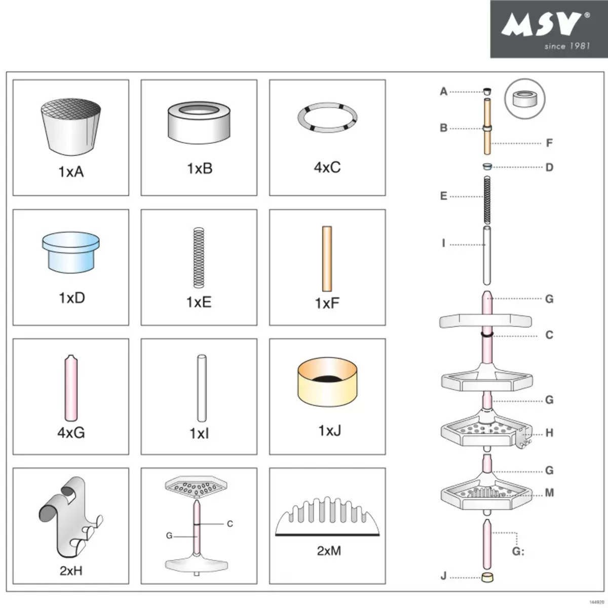 Etagère de douche d'angle auto-portée 135-260cm Blanc telescopique - Sans perçage - 4 tablettes MSV