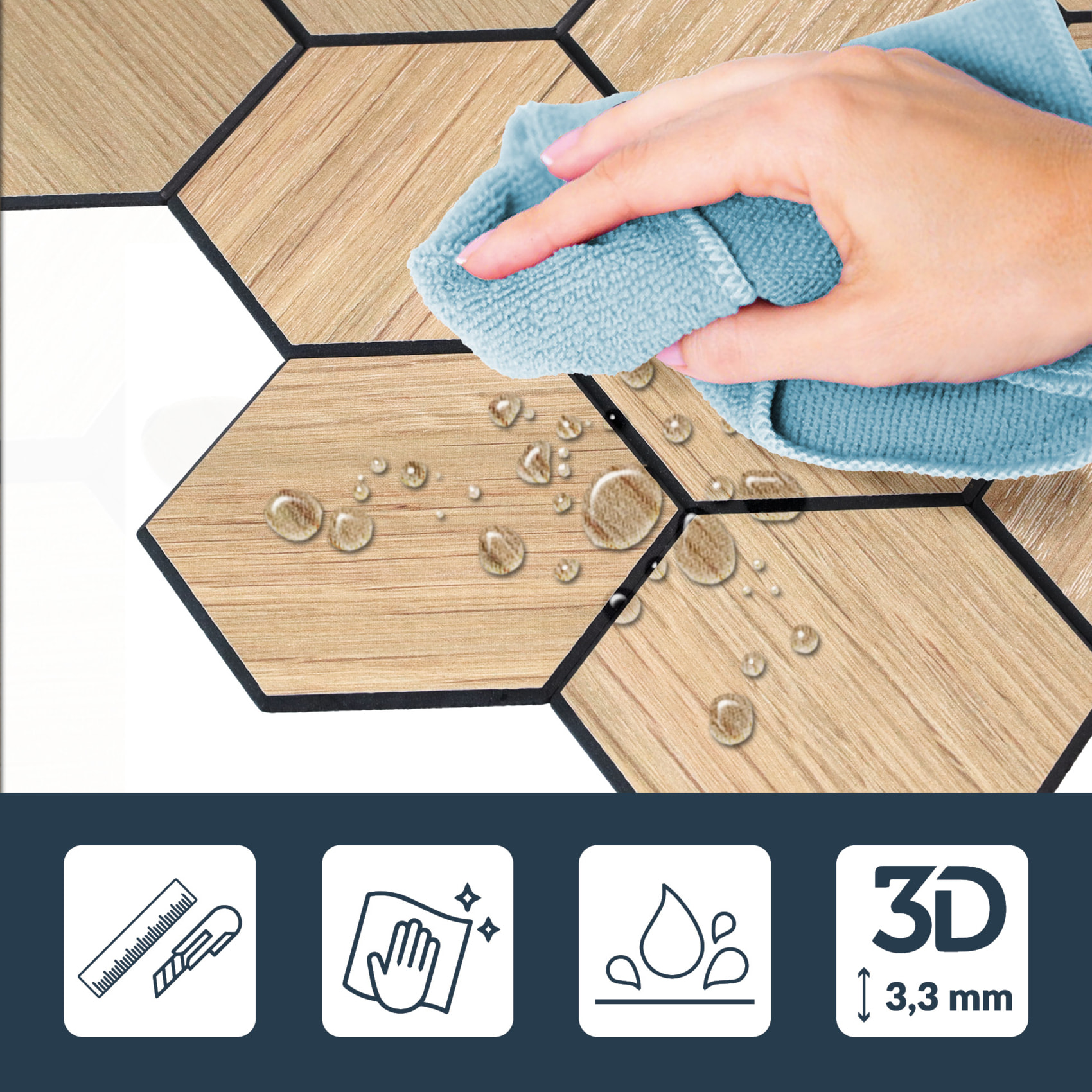 Crédence adhésive murale 3D  - Effet carrelage hexagonal 4 pièces - Naturel